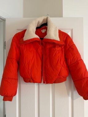 Anthropologie Maeve Orange Cropped Puffer Jacket with Cream Sherpa Collar - S